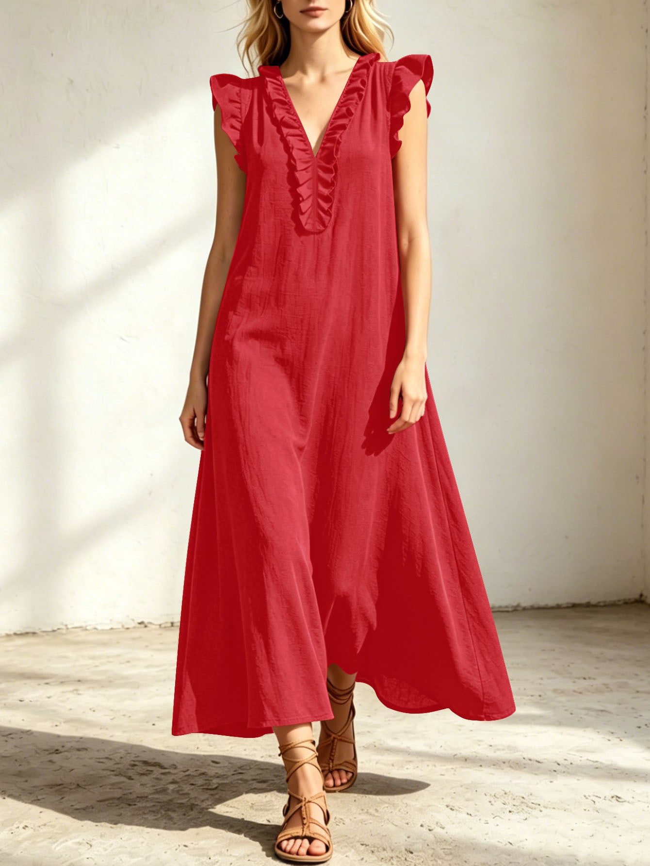 Women's Ruffled V-Neck Cap Sleeve Loose Maxi Dress With Pockets - Casual Boho Beach Long Dress For Summer Image secondaire du produit