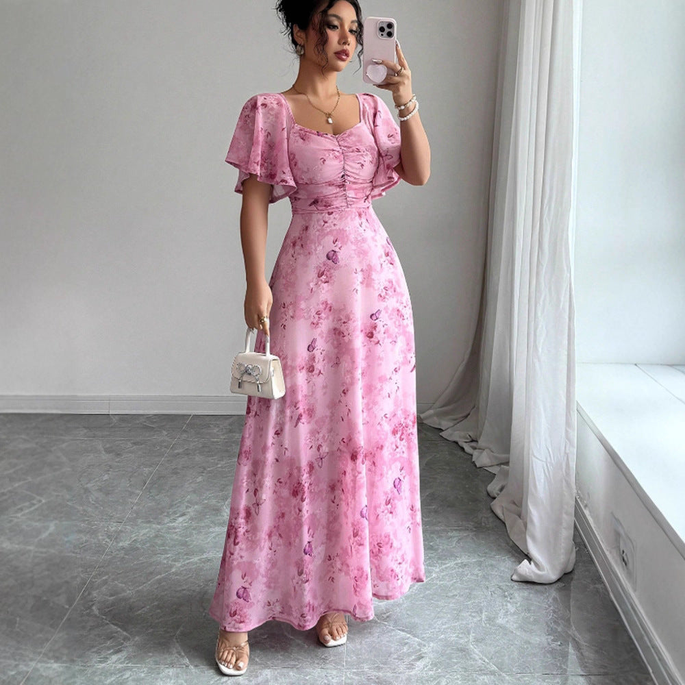 Flowers Printed Lotus Sleeve Dress Summer Elegant Slim Dresses Women's Clothing Image secondaire du produit