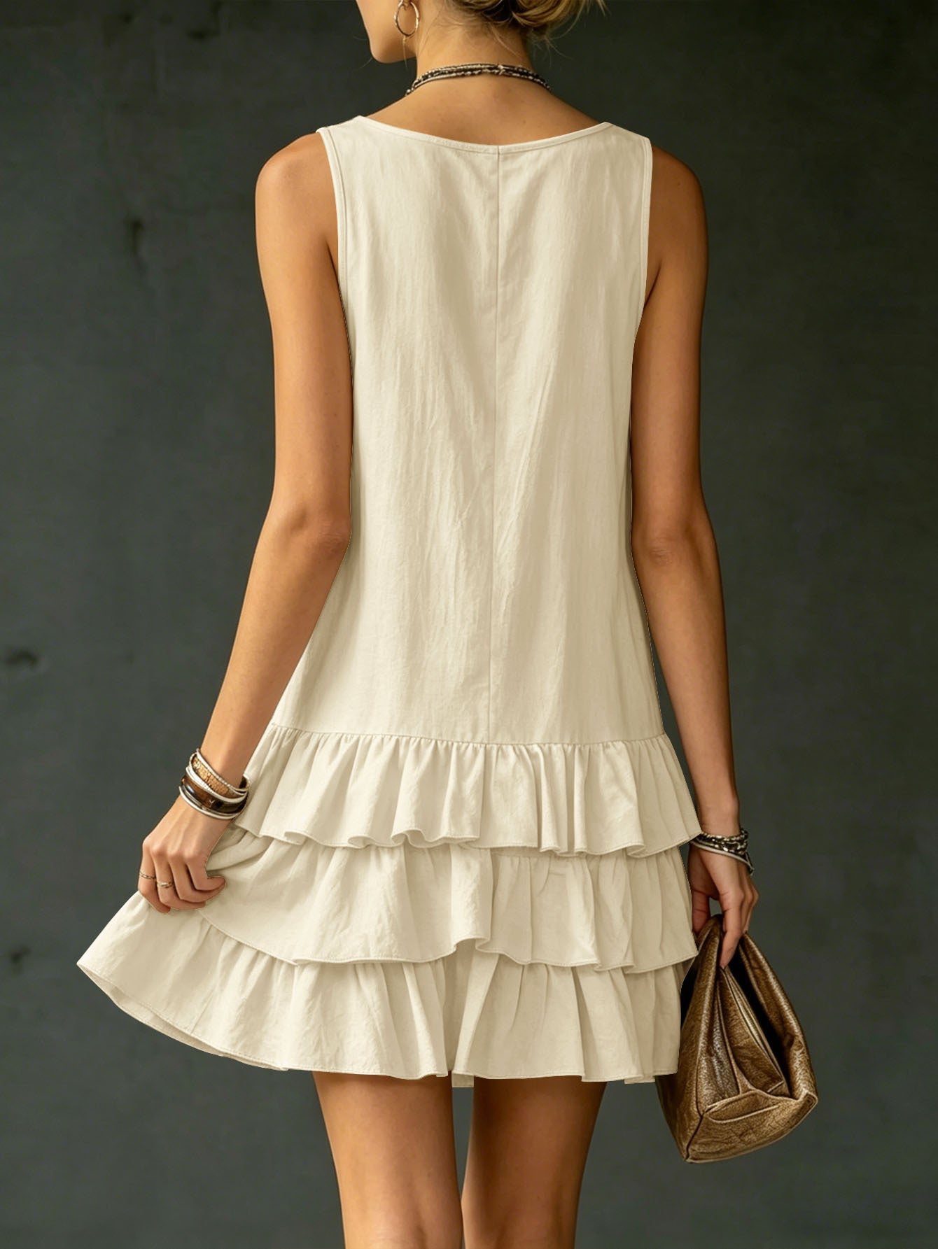 Women's Sleeveless V-Neck Layered Ruffle Mini Dress - Casual Loose Fit Summer Dress Image secondaire du produit